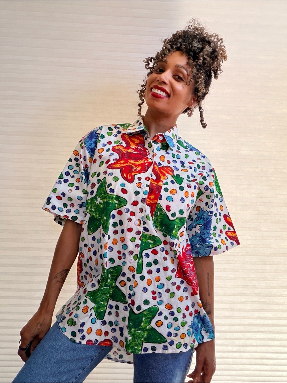 Vintage Tribes for Her Coastal Art Button-Up Shirt